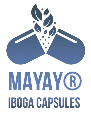 Logo MAYAY Iboga Capsules en bleu sur fond blanc