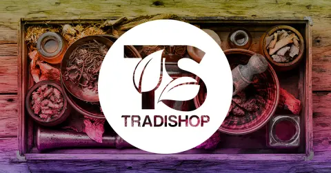 Logo Tradishop sur fond de créations et de masques artisanaux