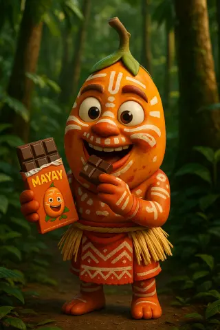 Mascotte du Mayay dans une forêt, tenant une tablette de chocolat à l’iboga