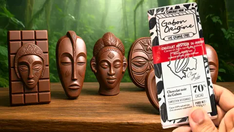 Tablettes de chocolat Gabon Origine et masques artisanaux en bois