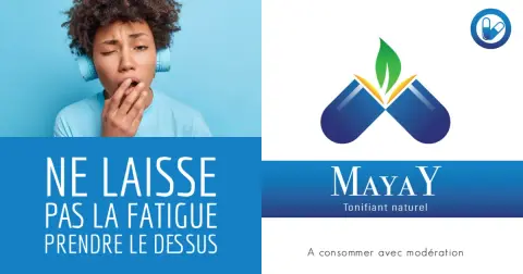 Visuel MAYAY avec le logo de la marque et une présentation autour de la fatigue